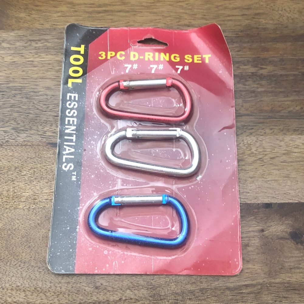 3PC D-Ring Carabiner Set - Red, Silver, Blue